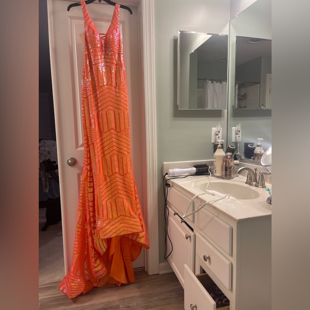 Orange sparkly Jovani Sequin mermaid style prom dress